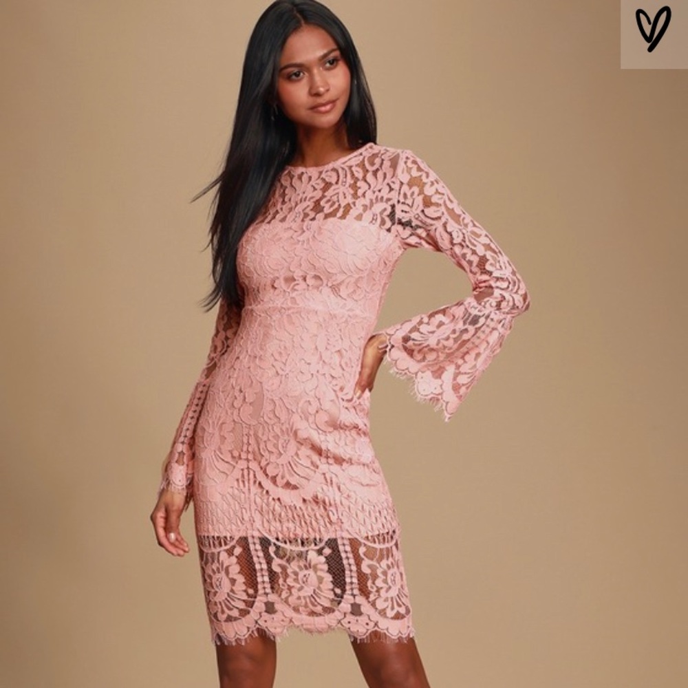 Blush Pink Lace Long Sleeve Midi Dress